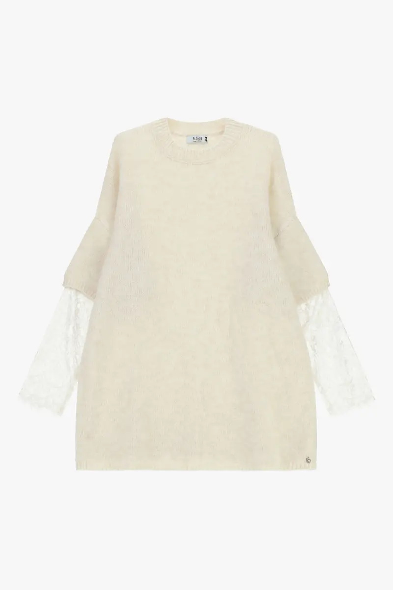 Pullover ampio con maniche in pizzo trasparente Panna