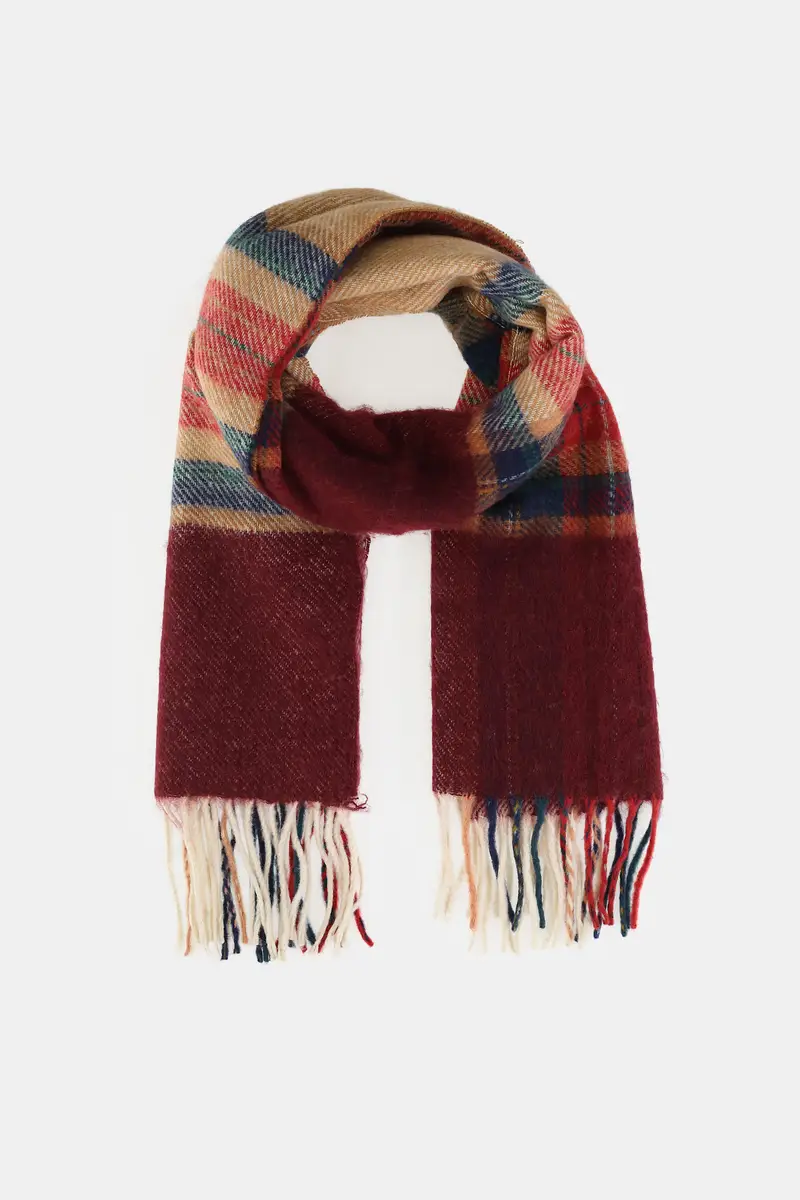 Sciarpa a quadri con frange lunghe Bordeaux miniatura 2