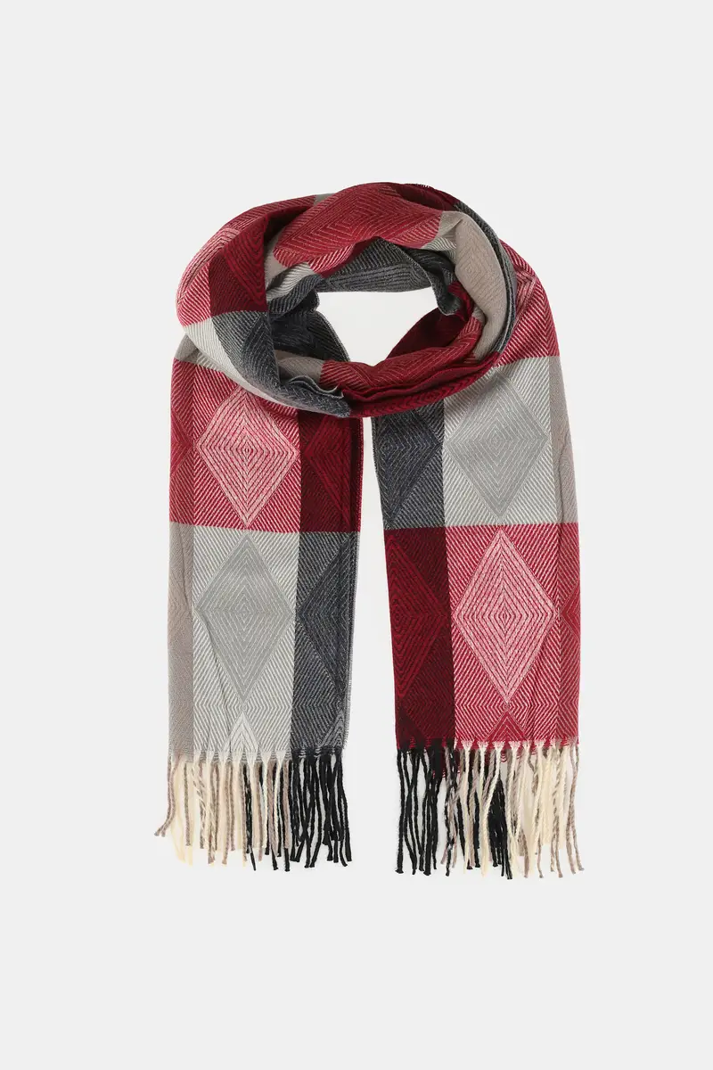 Sciarpa motivo geometrico con frange lunghe Bordeaux miniatura 2