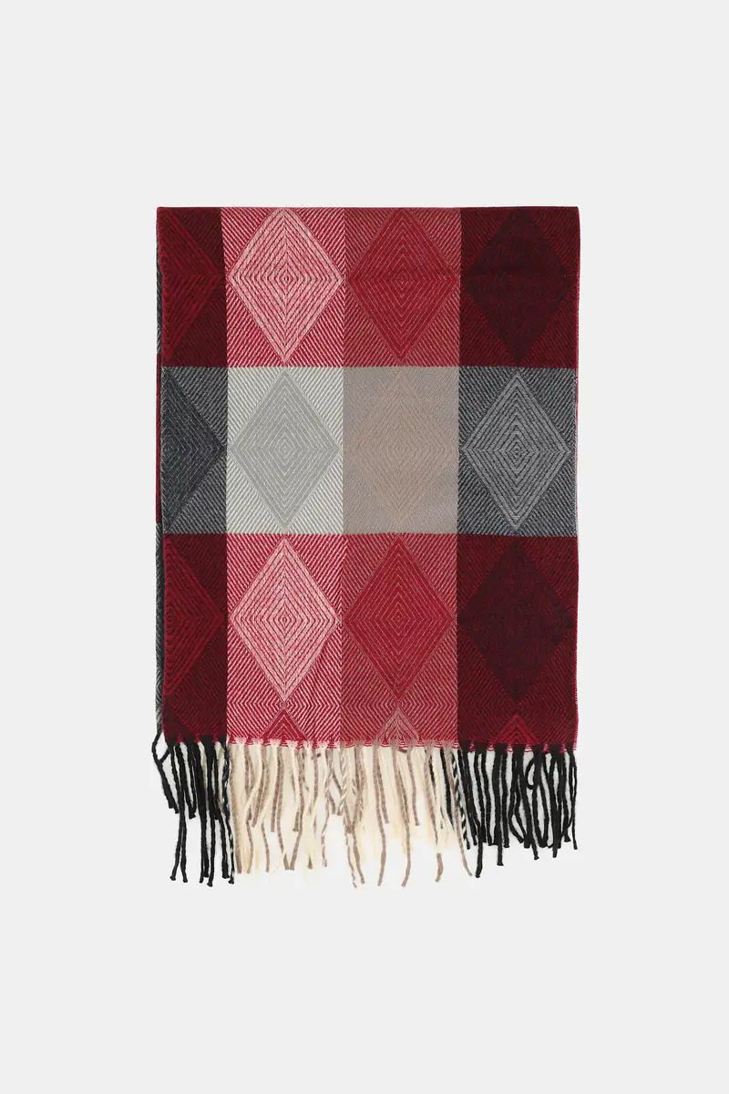 Sciarpa motivo geometrico con frange lunghe Bordeaux