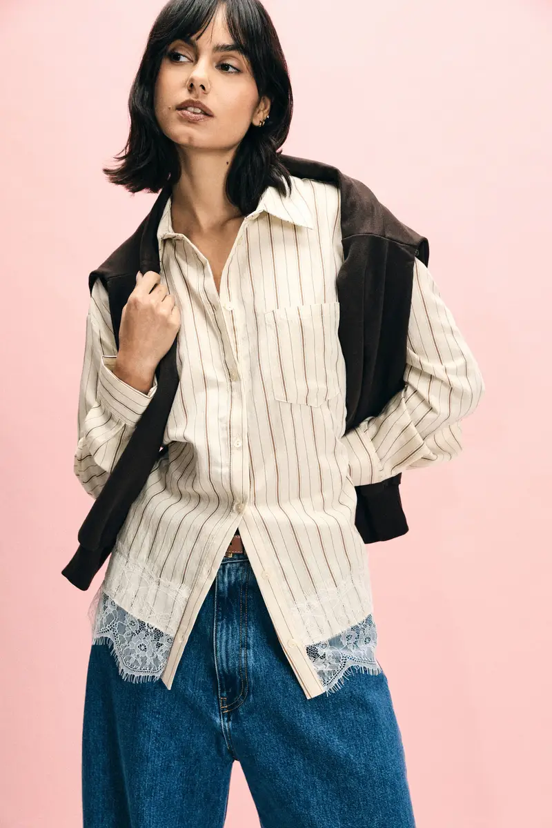 Shirt a righe con dettaglio pizzo sul fondo Ecru miniatura 2