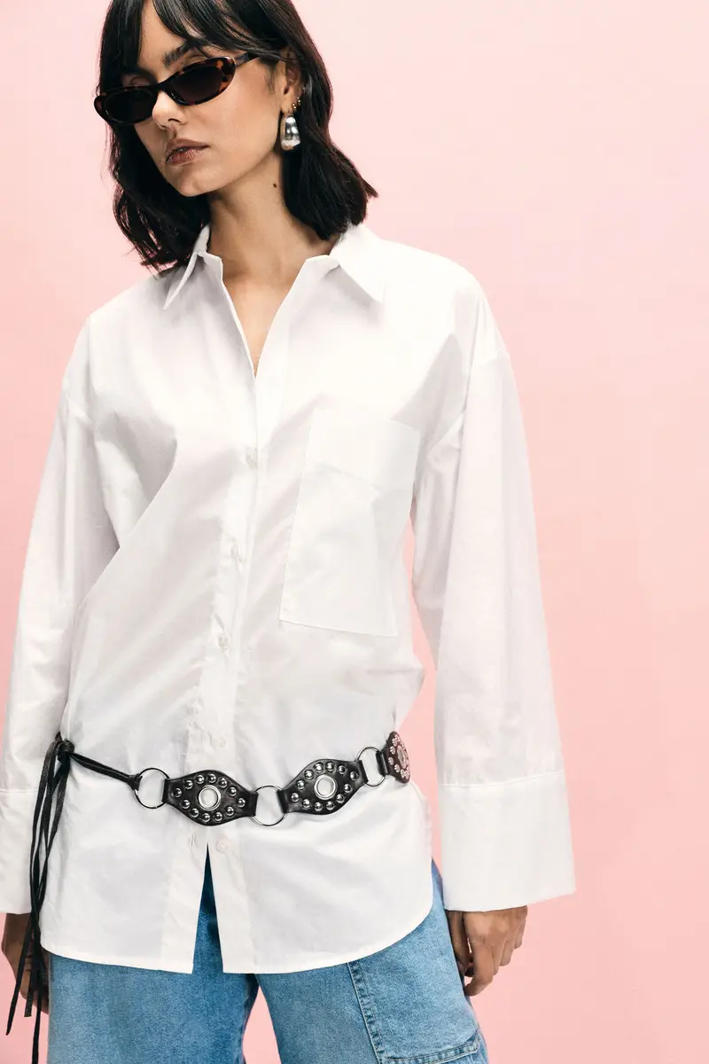 Shirt over con tasca applicata e chiusura frontale Bianco miniatura 2