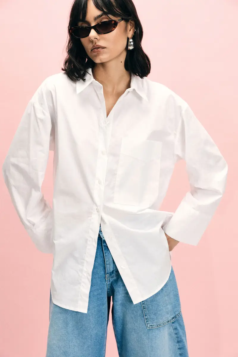 Shirt over con tasca applicata e chiusura frontale Bianco miniatura 3