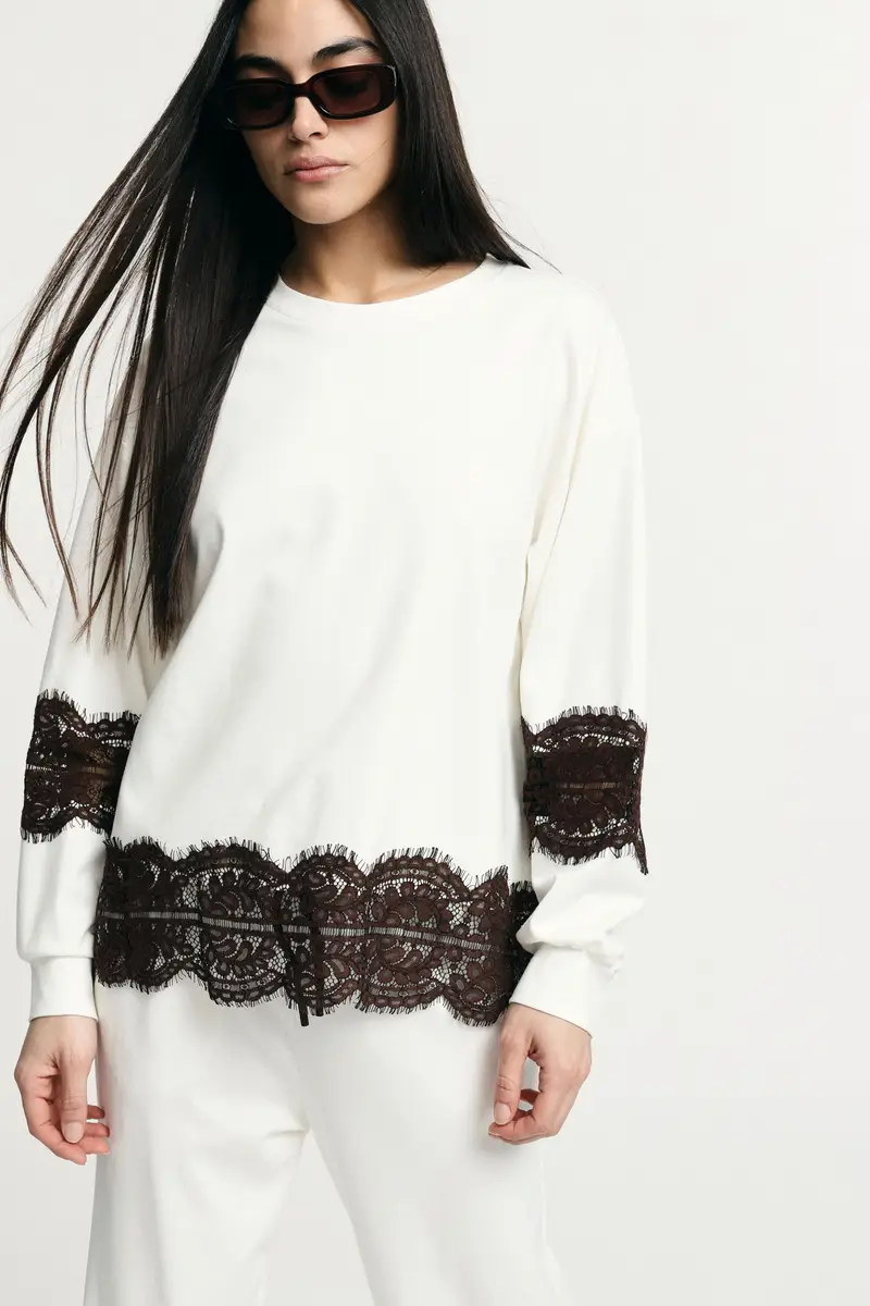 Sweatshirt pizzo decorativo con maniche lunghe Bianco