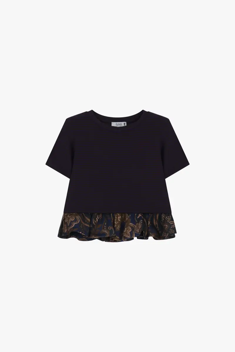 T-shirt a righe con balza fantasia floreale Moro