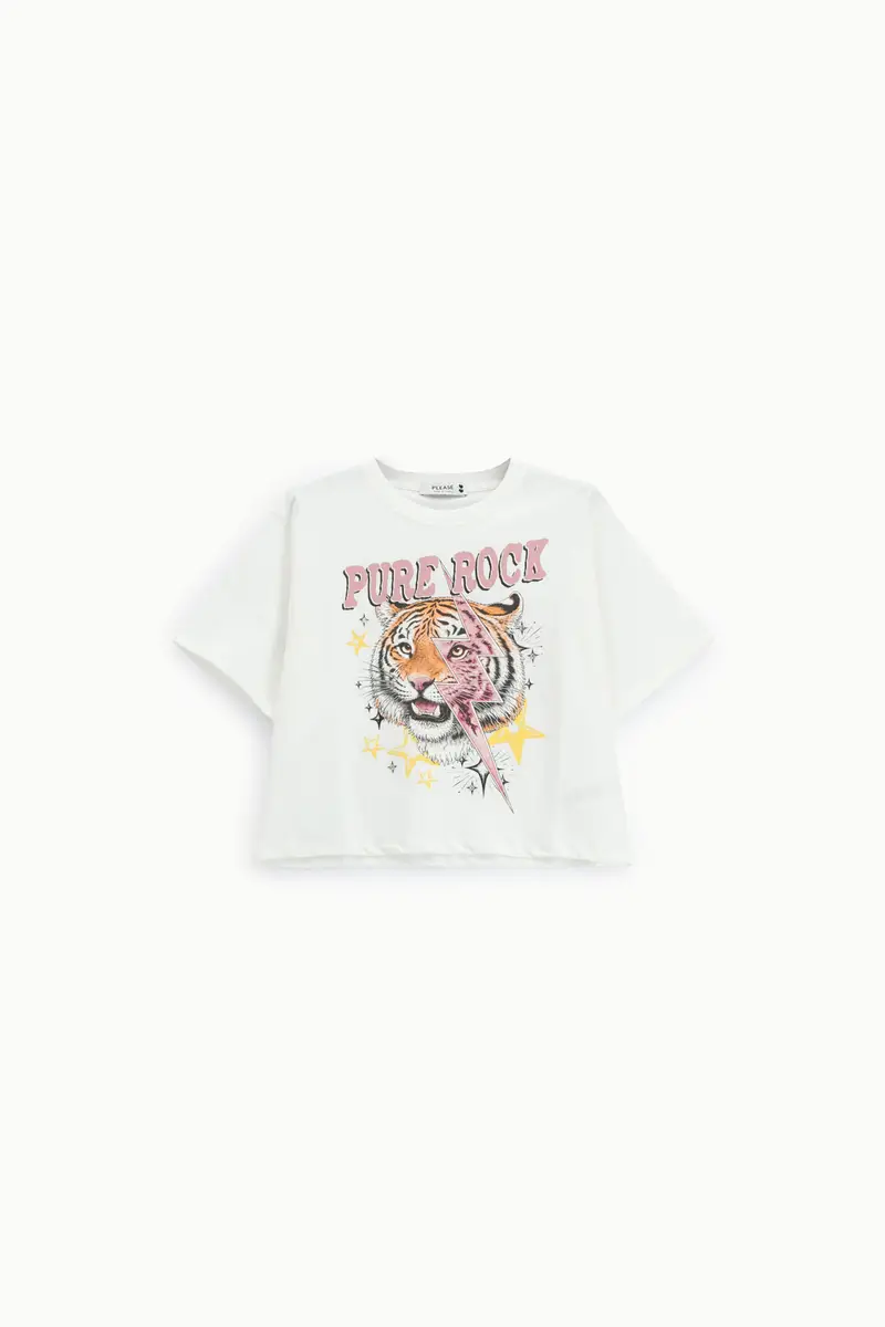 T-shirt corta stampa tigre fulmine effetto rock Panna