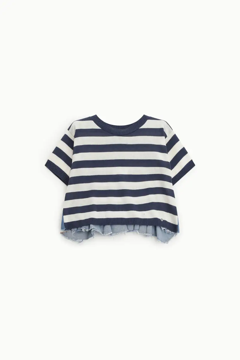 T-shirt cropped a righe con bordo sfrangiato Ecru