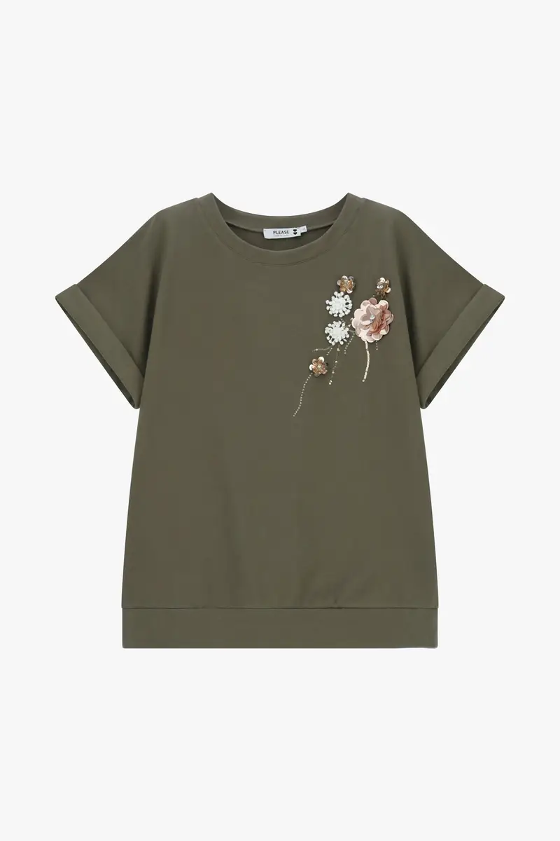 T-shirt manica corta stampa floreale applicata Militare chiaro