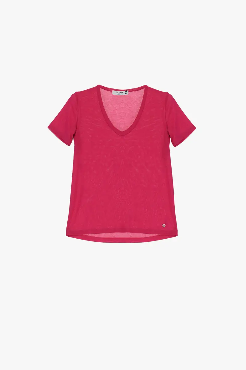 T-shirt monocolour effetto metallizzato con scollo a V Fuxia