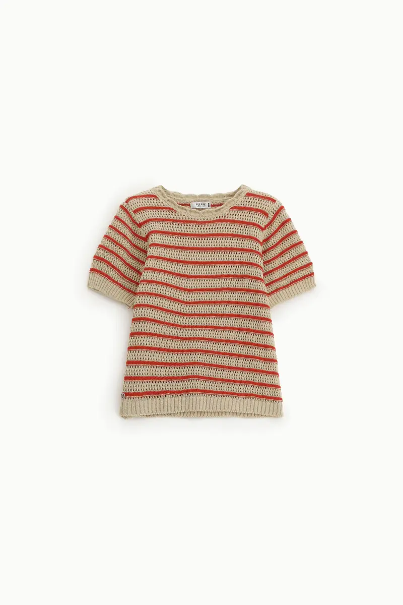 T-shirt traforata a righe con maniche corte Beige
