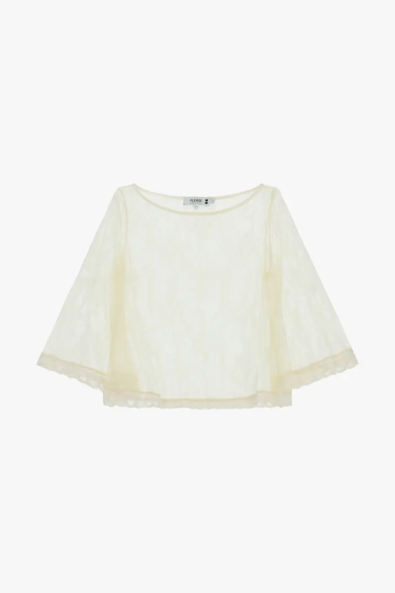 Top con pizzo e maniche a 3/4 trasparenti Panna