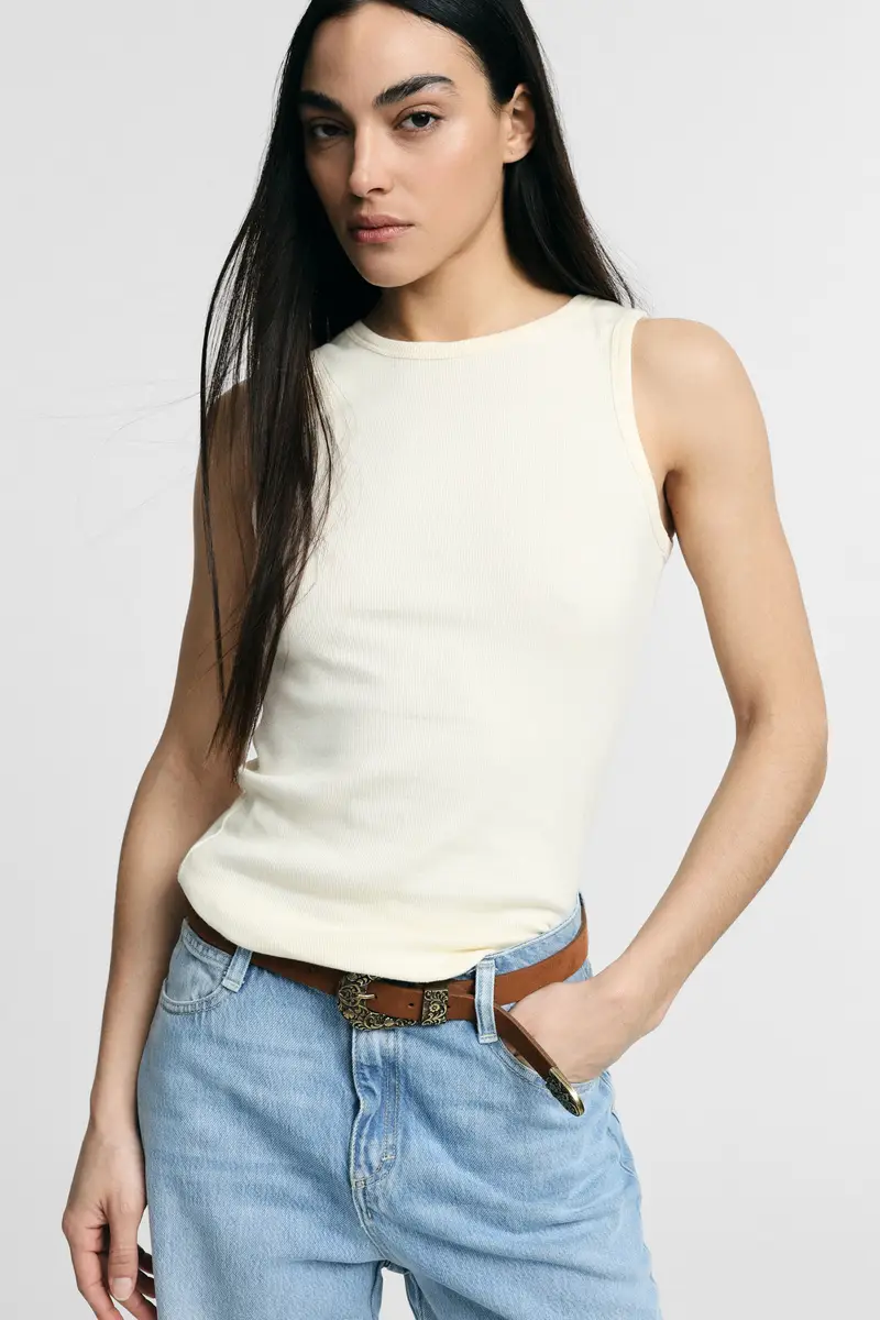 Top girocollo senza maniche vestibilità regular Panna