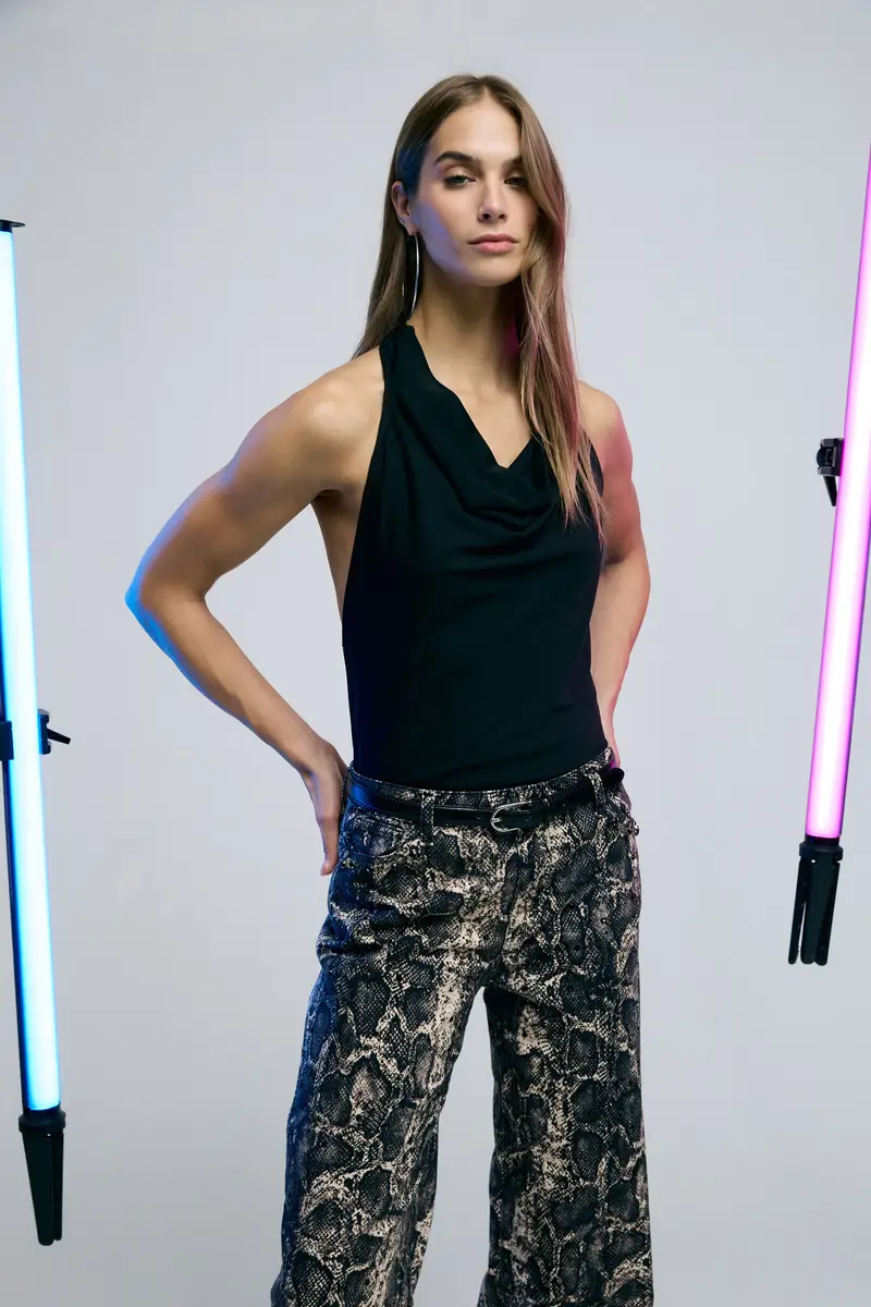 Top scollo all americana con drappeggio e fiocco Nero miniatura 2