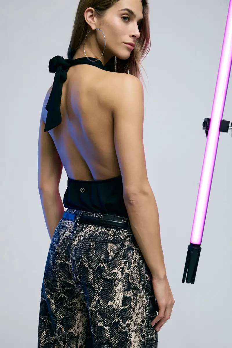 Top scollo all americana con drappeggio e fiocco Nero miniatura 3