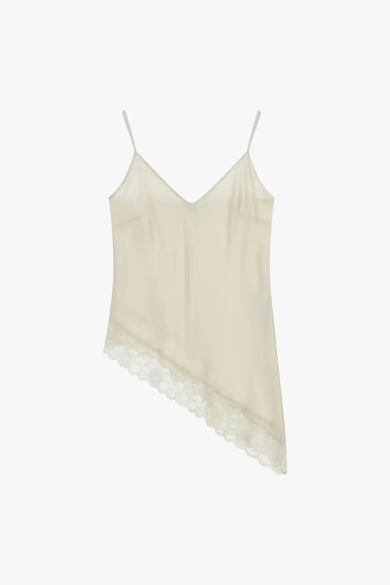 Top spalline sottili scollo a v e bordo in pizzo Panna