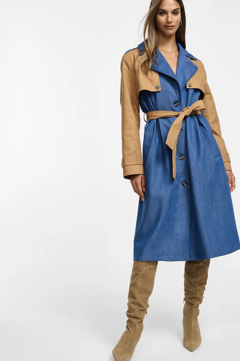 Trench con cintura e colori a blocchi Blu denim miniatura 2