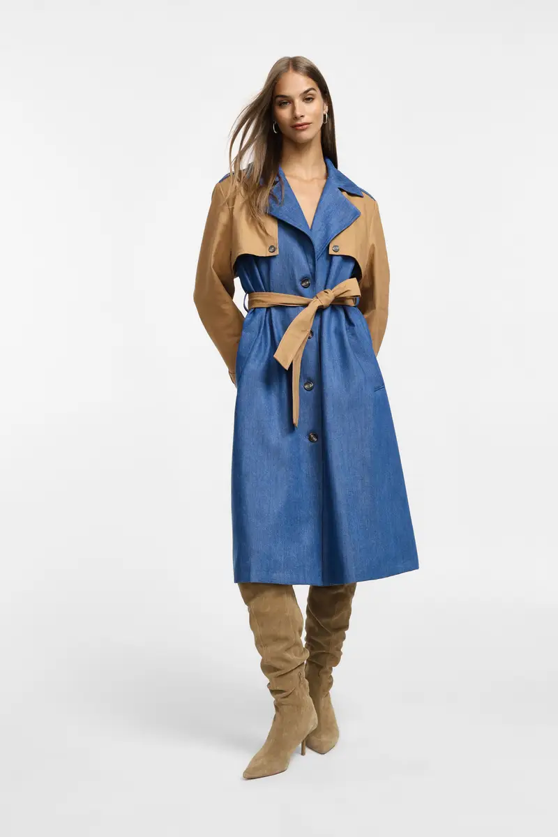 Trench con cintura e colori a blocchi Blu denim miniatura 3