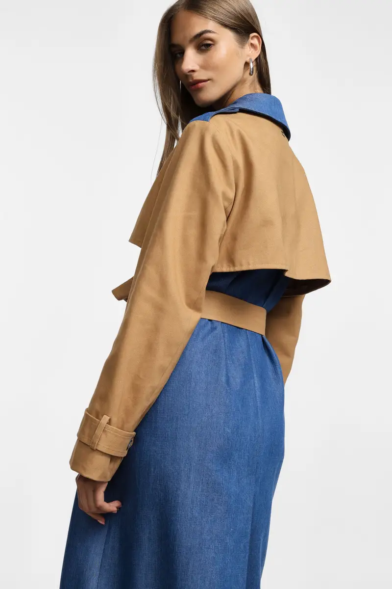 Trench con cintura e colori a blocchi Blu denim miniatura 4