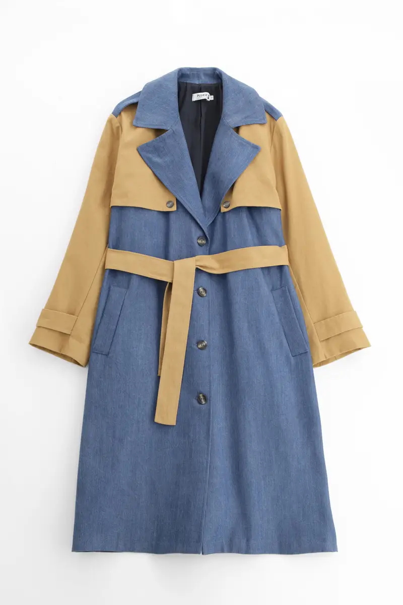 Trench con cintura e colori a blocchi Blu denim