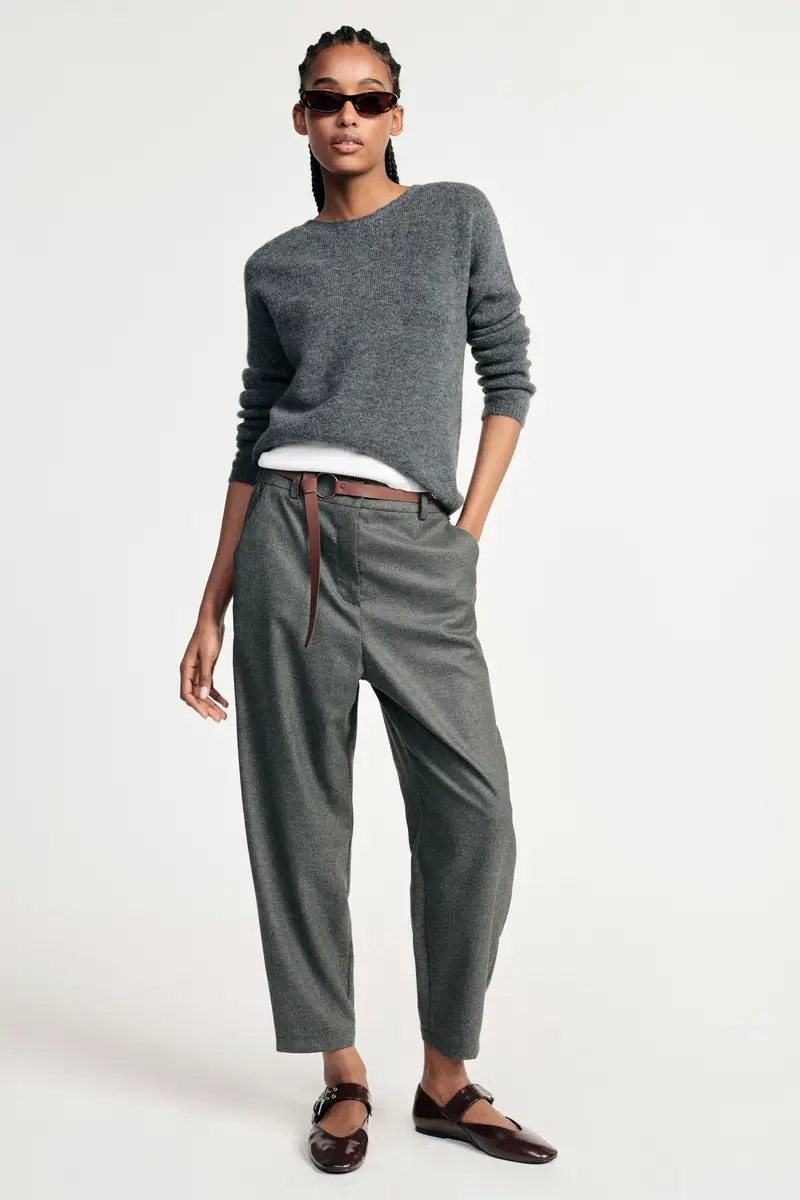 Trousers cropped con cintura e vita alta Grigio medio miniatura 2