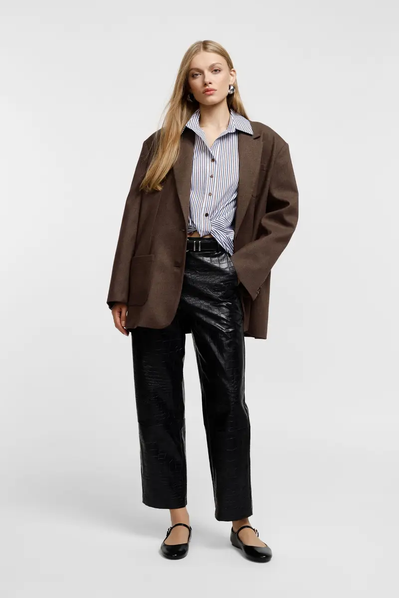 Trousers cropped effetto coccodrillo vita alta Nero miniatura 2