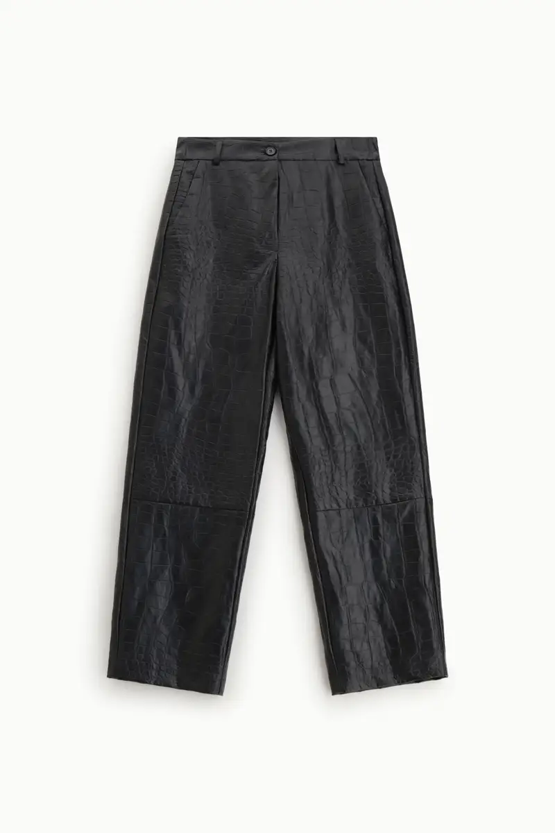 Trousers cropped effetto coccodrillo vita alta Nero