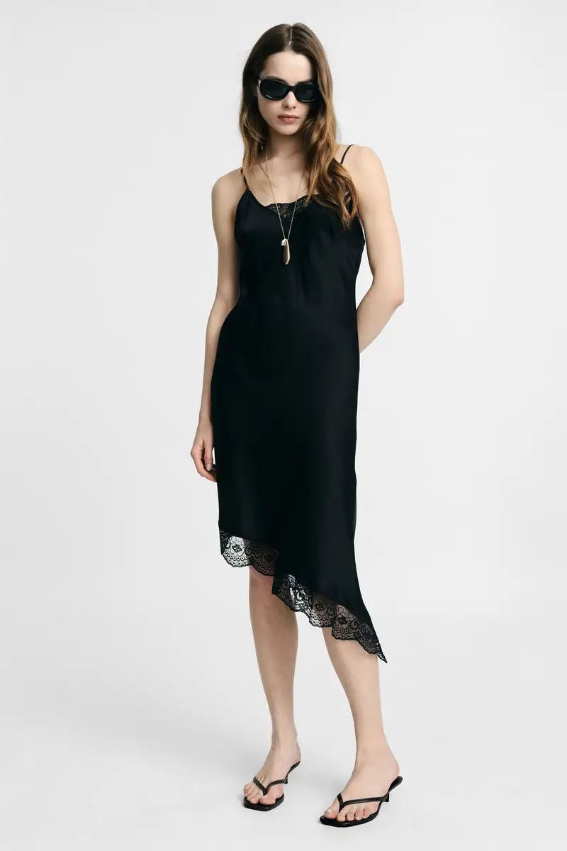 Vestito midi con spalline e bordo in pizzo Nero miniatura 2