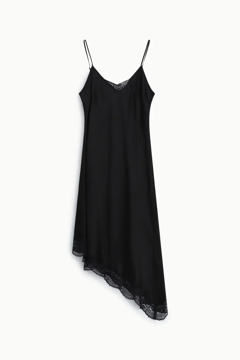 Vestito midi con spalline e bordo in pizzo Nero