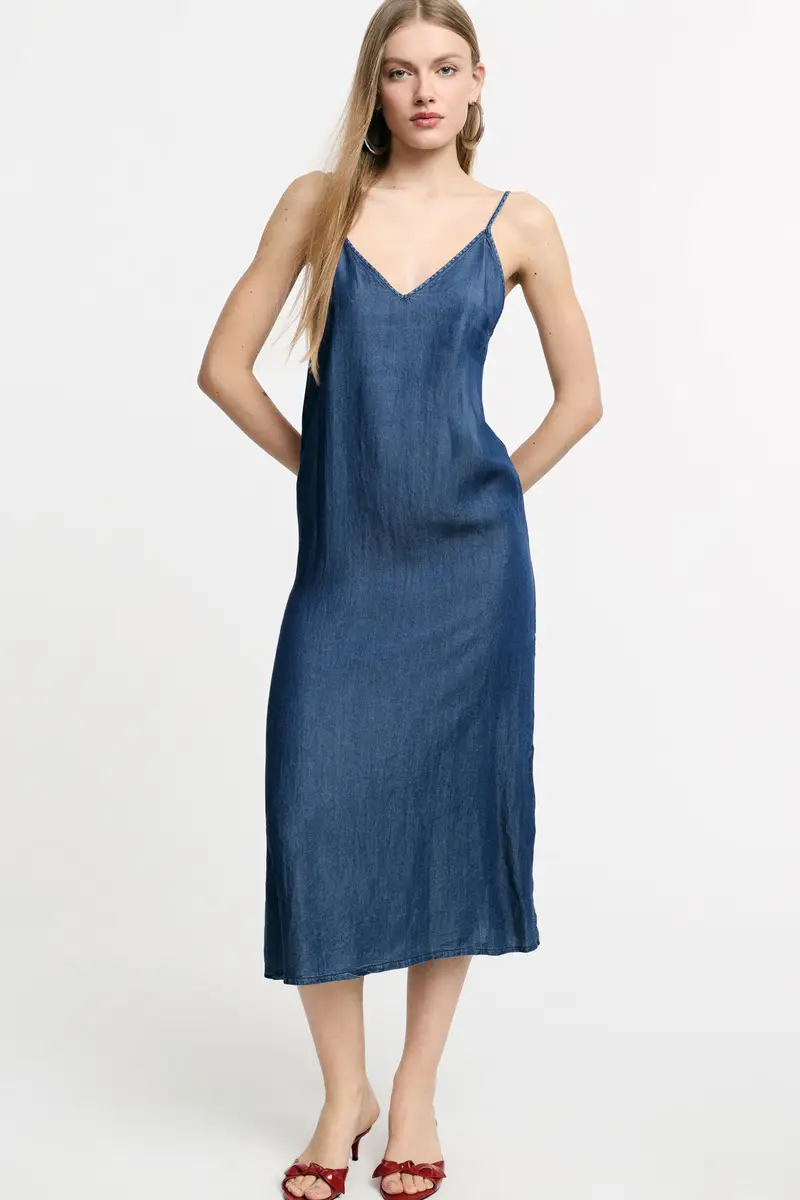 Vestito midi con spalline sottili e scollo a v Blu denim miniatura 2