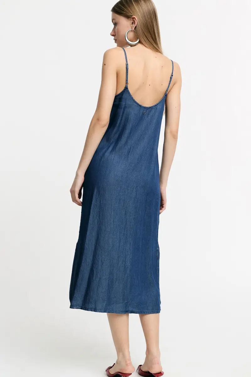 Vestito midi con spalline sottili e scollo a v Blu denim miniatura 3