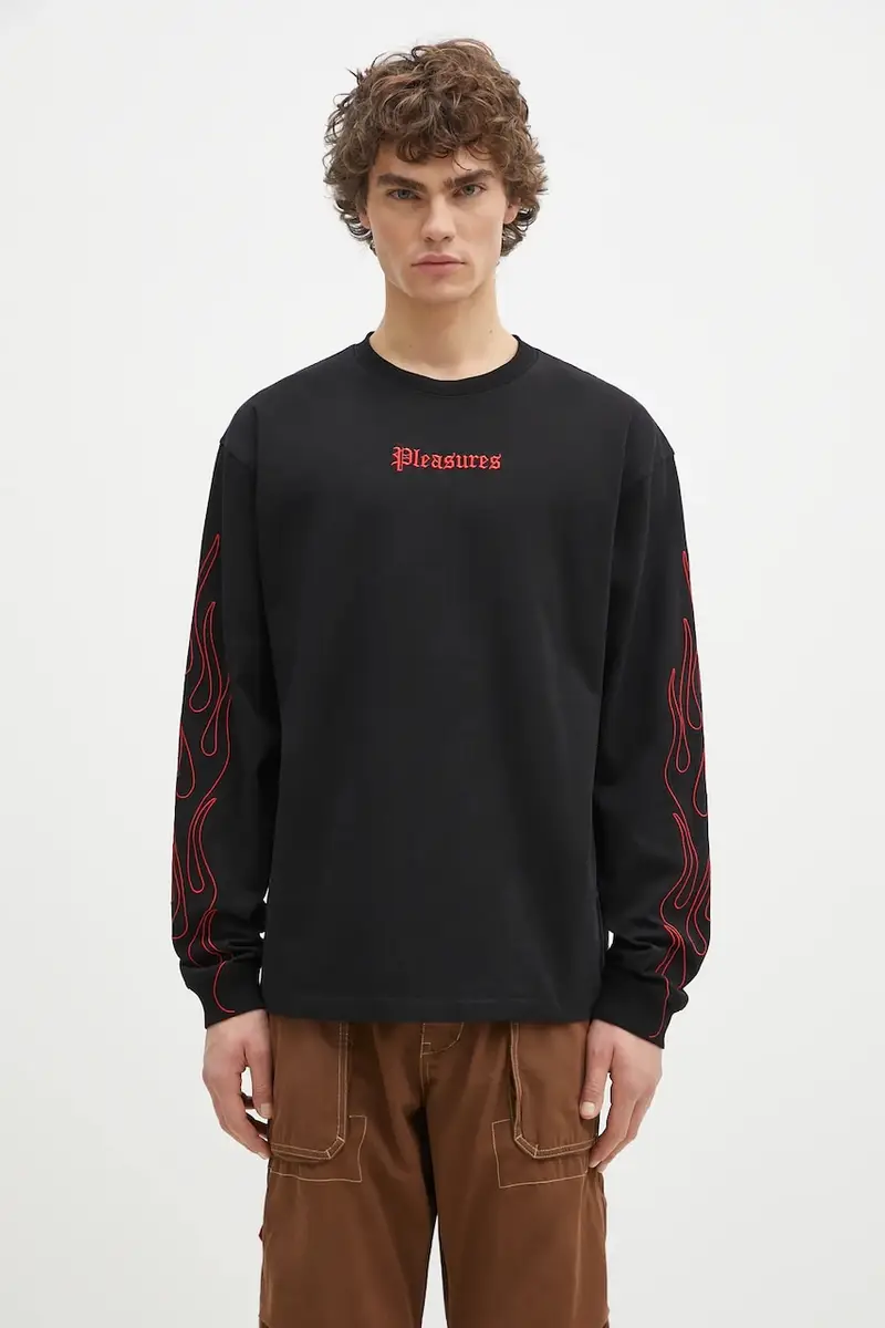 top a maniche lunghe in cotone Fiery Heavyweight Longsleeve colore nero con applicazione P24W027