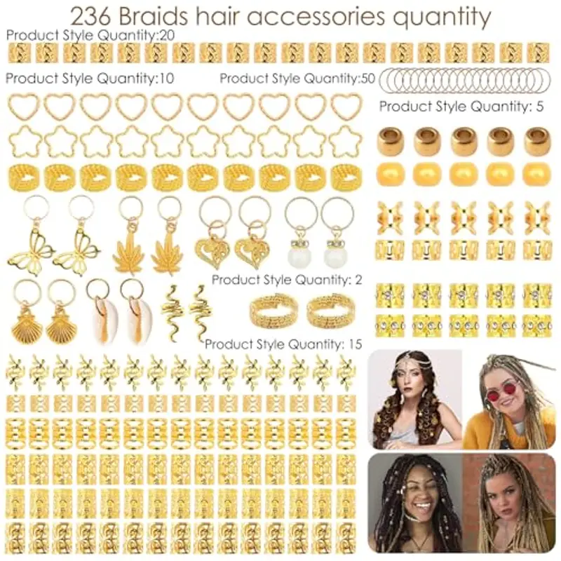 PnxdeobXL 236 Pezzi Gioielli per Capelli, Ciondolo Dreadlock, Gioielli per Capelli Intrecciati, Polsini Metallici per Capelli, Vari Stili di Moda, per Decorare i Capelli di Uomini e Donne miniatura 3