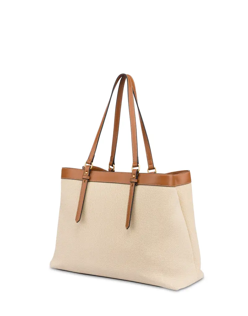 Big Double Handle Drop Bag in canvas BEIGE/AVORIO/CUOIO, Pollini Bianco miniatura 2