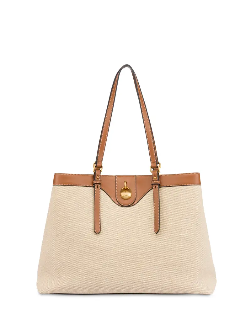 Big Double Handle Drop Bag in canvas BEIGE/AVORIO/CUOIO, Pollini Bianco