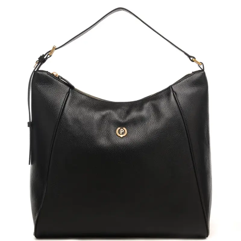 borsa a spalla da donna con logo monogram in metallo sul davanti nera