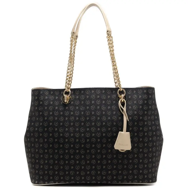 borsa shopping donna con manici in catena e stampa logo nero avorio