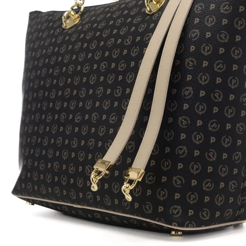 Pollini borsa shopping donna heritage con manici a catena e charm in pelle nera avorio miniatura 3
