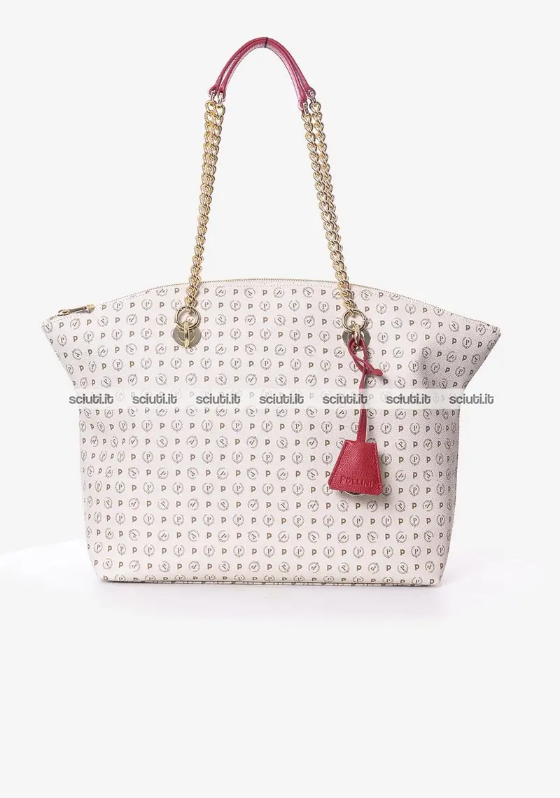 Borsa shopping Pollini Heritage donna bianco avorio dettagli rosso stondata