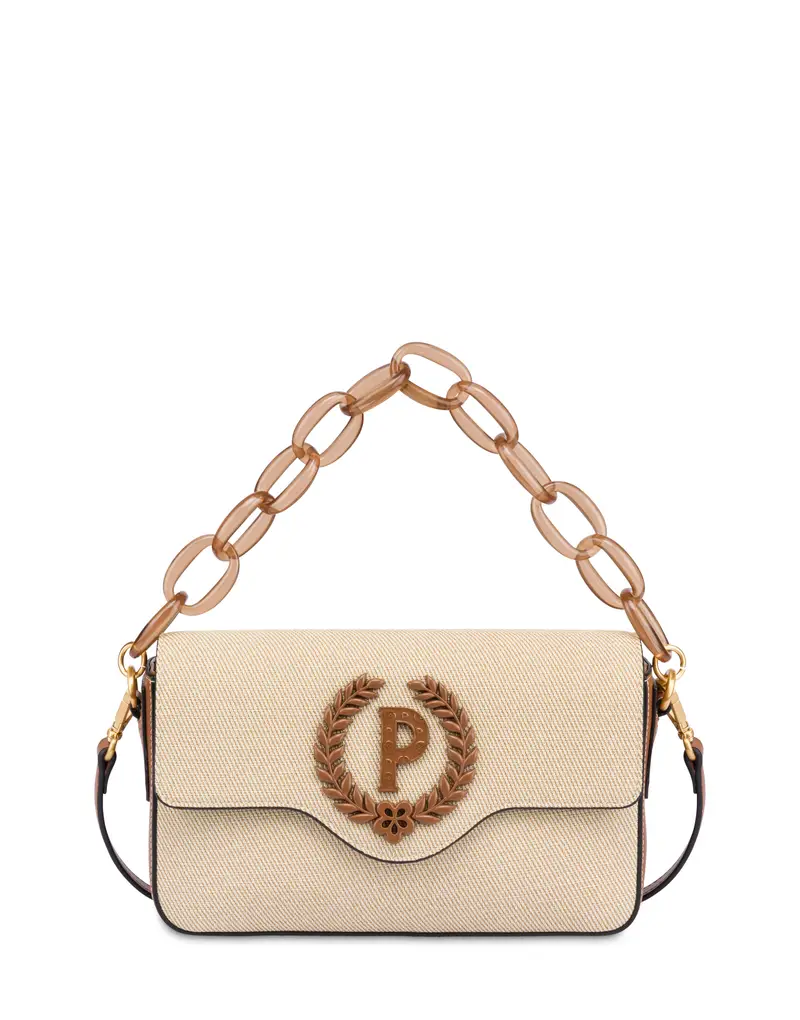 Candy bag con maxi catena in Canvas BEIGE/AVORIO/CUOIO, Pollini Bianco