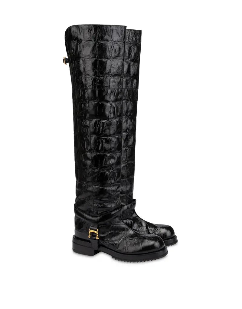Over the Knee Boot Mia in Vitello stampato cocco NERO, Pollini miniatura 2