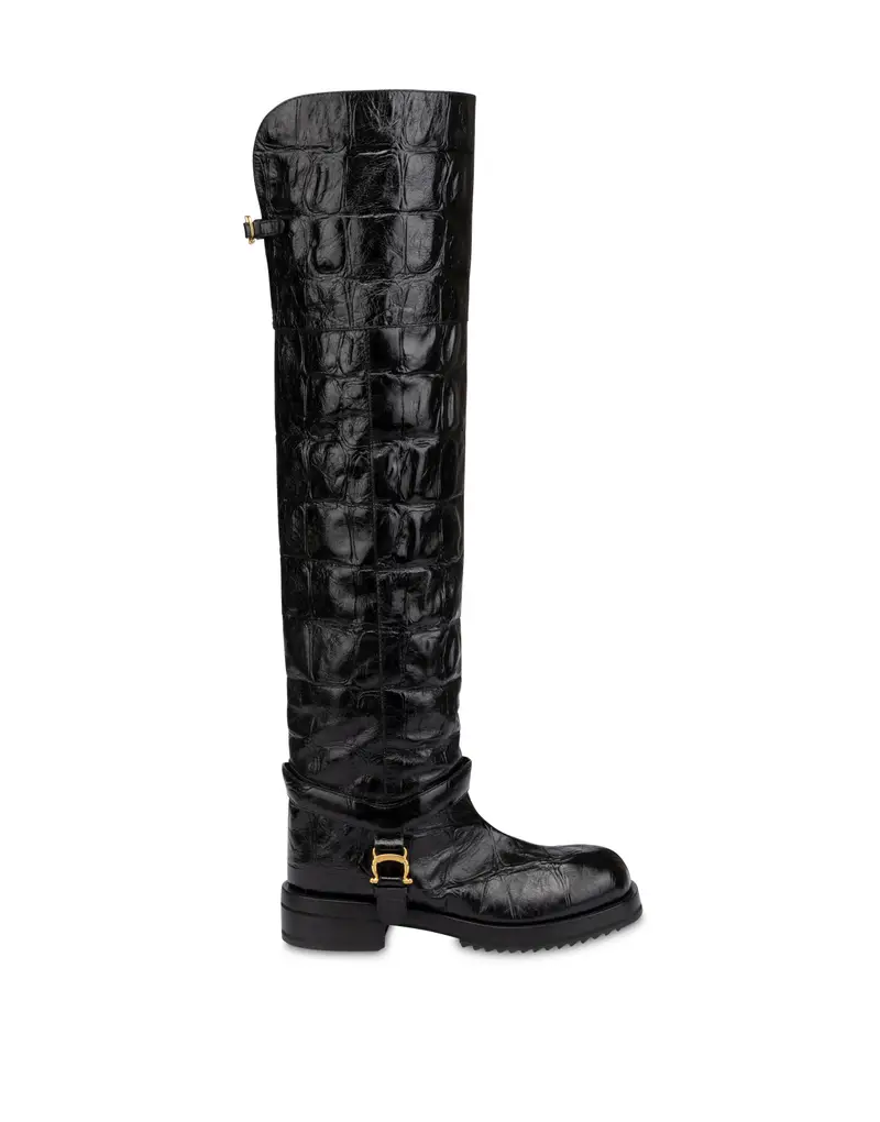 Over the Knee Boot Mia in Vitello stampato cocco NERO, Pollini