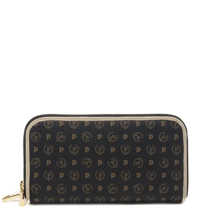 Pollini portafoglio da donna con logo pattern all over e chiusura con zip nero avorio
