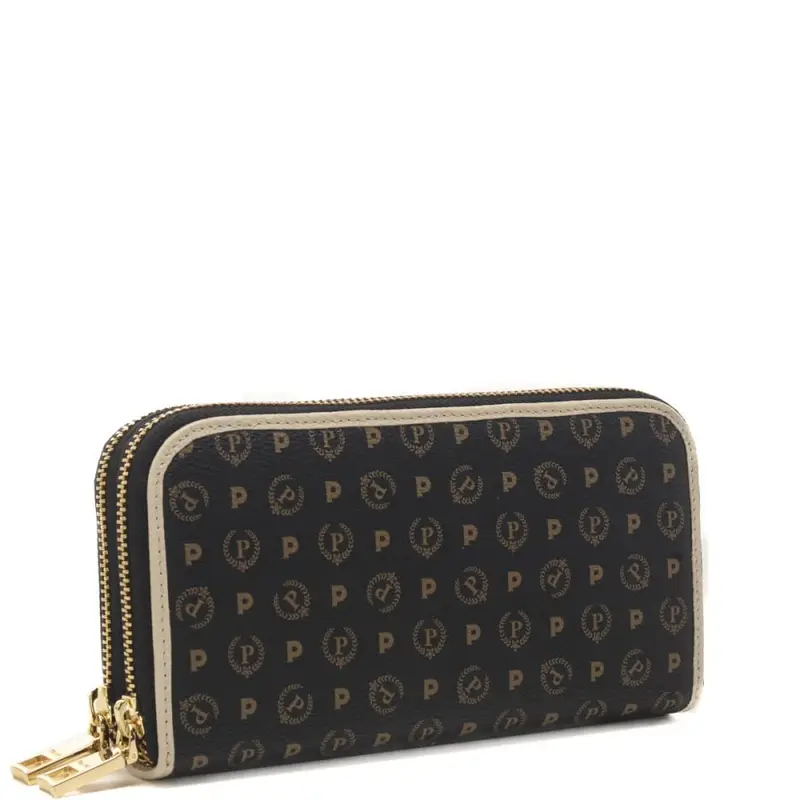 Pollini portafoglio da donna con logo pattern all over e chiusura con zip nero avorio miniatura 2
