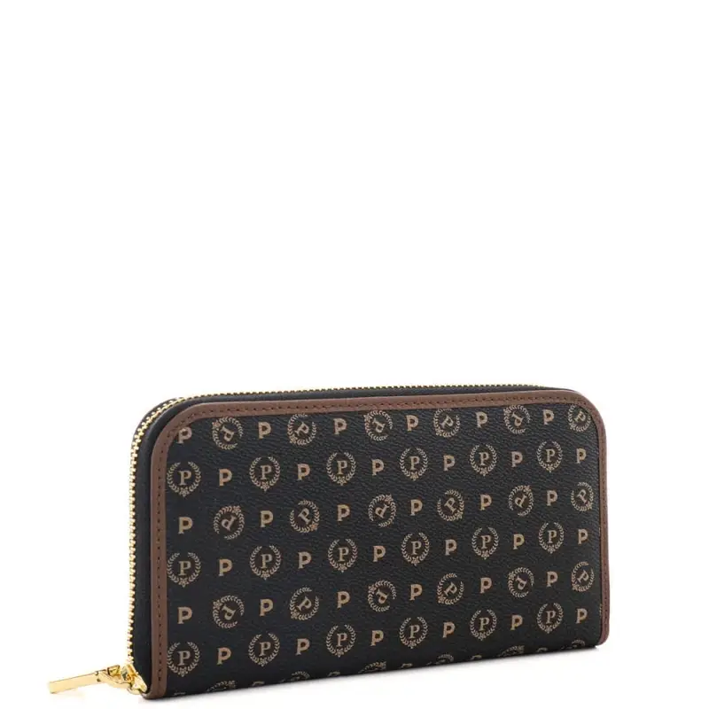 portafoglio da donna con logo pattern all over e chiusura con zip nero marrone miniatura 2