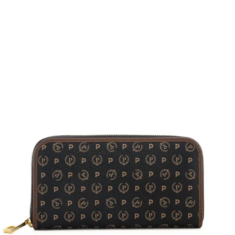 portafoglio da donna con logo pattern all over e chiusura con zip nero marrone