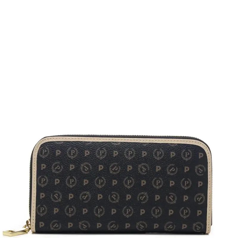 portafoglio donna in pelle con doppia cerniera e stampa heritage nero avorio