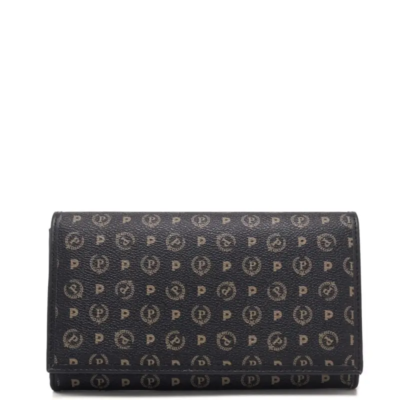 portafoglio donna in pelle con patta e stampa heritage nero