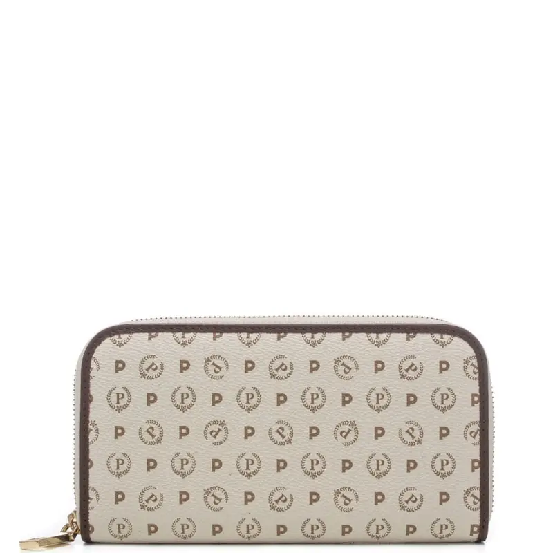 Pollini portafoglio grande donna con cerniera e stampa heritage beige marrone