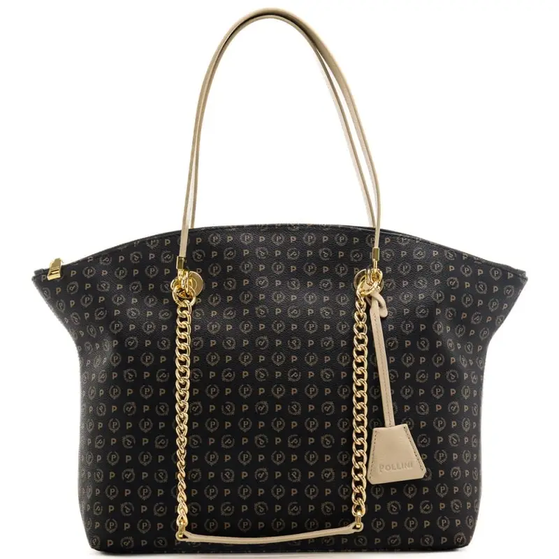 Pollini shopping bag da donna con logo pattern all over, manici in pelle e manici in catena nero avorio