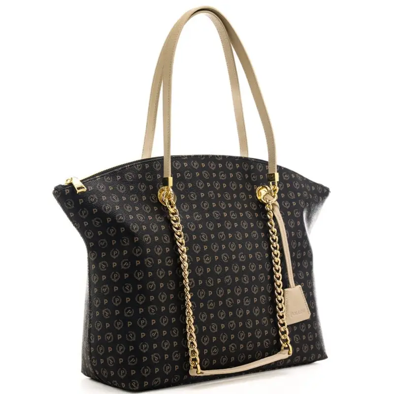 Pollini shopping bag da donna con logo pattern all over, manici in pelle e manici in catena nero avorio miniatura 2